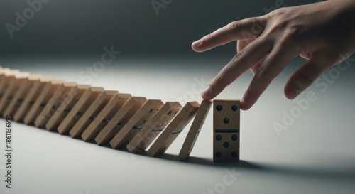 A hand poised to topple a line of dominoes