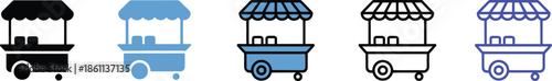 Five stylized carts with awnings and wheels stall kiosk