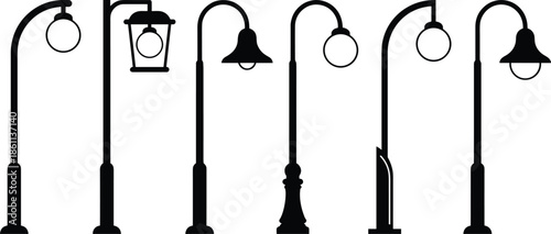 Street lamp silhouettes, vintage and modern styles, black vector icons, urban lighting design, architectural elements, public space decor, outdoor fixtures