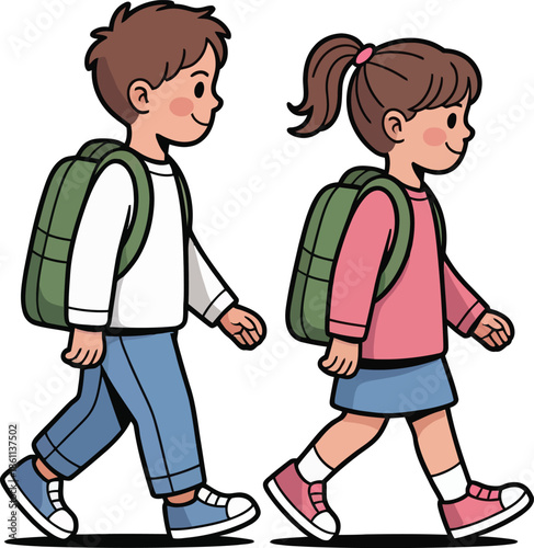 Two School Children Walking with Backpacks