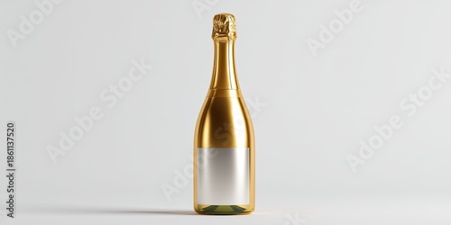 A golden, decorative bottle, with a blank label, on a clean, light gray background
