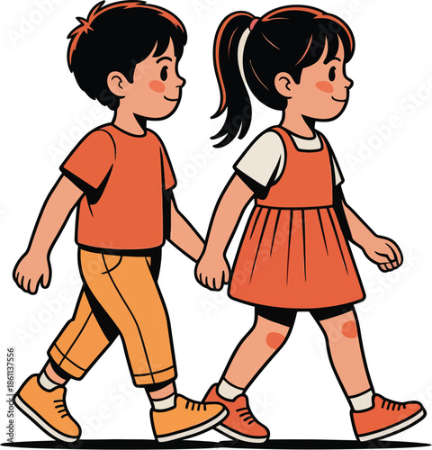 School Kids Walking Together with Backpacks – Cute Cartoon Illustration