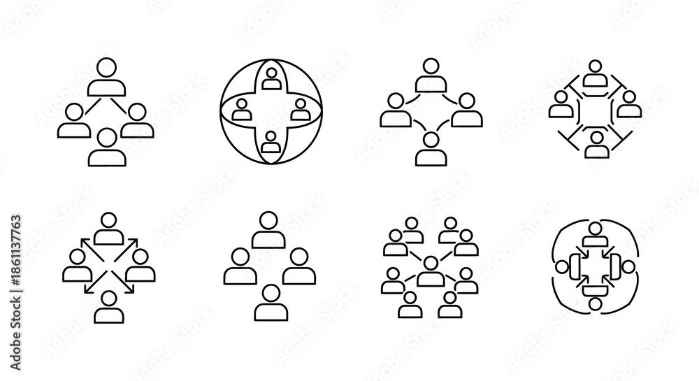 Fototapeta premium A collection of circular line art designs depicting people within interconnected geometric shapes silhouette