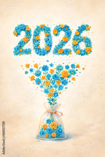 2026 New Year Greeting Vector Art Illustration, Floral Numbers Design with Blue and Orange Flowers Growing from a Glass Vase, Spring Celebration Concept, Bright Botanical Background.