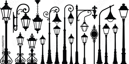 Vintage street lamp silhouettes, ornate lanterns, classical lighting design, black vector icons, historical decor, urban elements, architectural illustration, outdoor fixtures