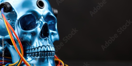 A blue metallic skull with colorful electronic wires and circuitry, suggesting advanced technology. Use: tech conference backdrop, sci-fi book.