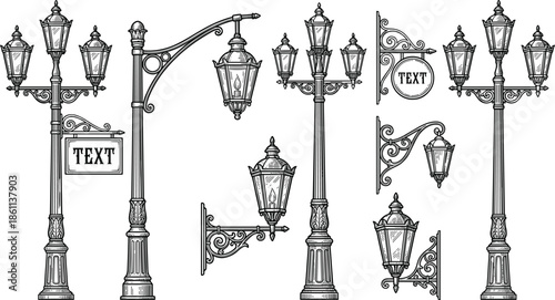 Vintage street lamps, ornate lanterns, classical lighting design, urban decor, metal lamp posts, historical style, customizable signage, elegant outdoor fixtures