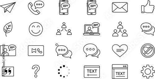 Complete digital communication and social interaction line icon set featuring chat bubbles video calls paper planes heart likes and user networking symbols