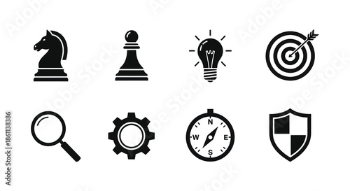 A collection of black object silhouettes representing strategy ideas and goals a detailed silhouette