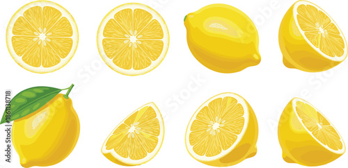Fresh lemons vector set with whole fruit, slices and halves, citrus food illustration for kitchen, cooking and healthy designs