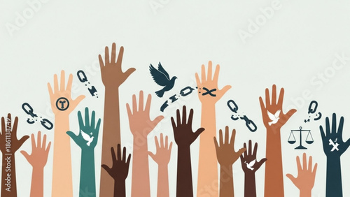 Diverse hands raised with broken chains, doves, and scales symbolizing freedom, equality,