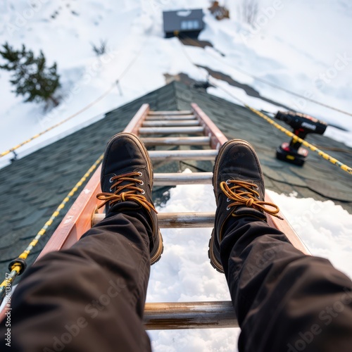Male roofer climbs snowy shingle rooftop using ladder; cold winter setting. Use: home renovation blog, roofing company portfolio.