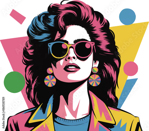Stylish 1980s Woman Pop Art Illustration Retro Fashion & Geometry
