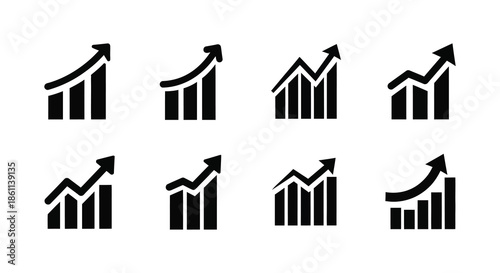 A collection of upward trending bar graph icons in black representing growth and success silhouette