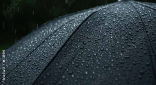 Raindrops clinging to a dark umbrella in a downpour