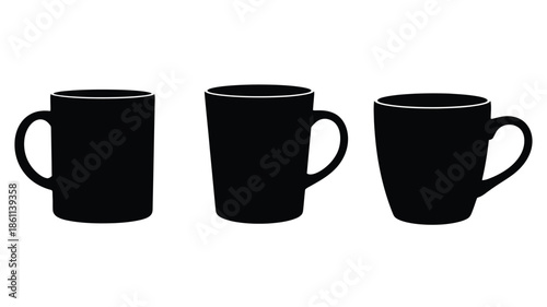 Three black coffee mugs arranged in a row a striking silhouette