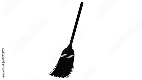 A simple depiction of a traditional broom in black silhouette