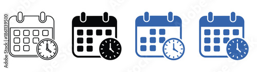 Calendar and Clock Icons, set of four vector designs in outline, solid, blue outline, and blue solid styles representing time, scheduling, planning, deadlines, and project management graphics.