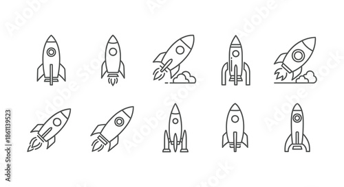 A collection of linear rocket ship designs in various styles showcasing space travel silhouette