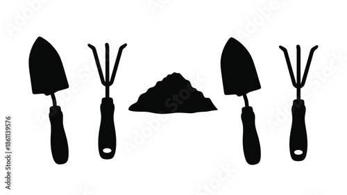Gardening tools and soil pile in a minimalist black silhouette