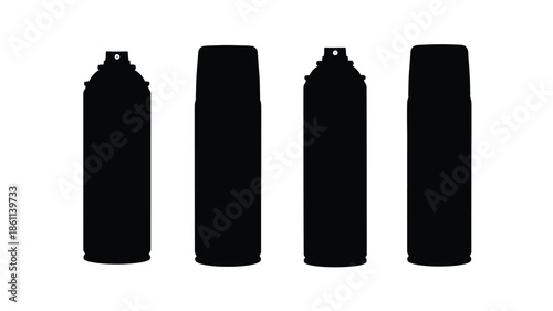Four spray cans arranged in a row stark black silhouette