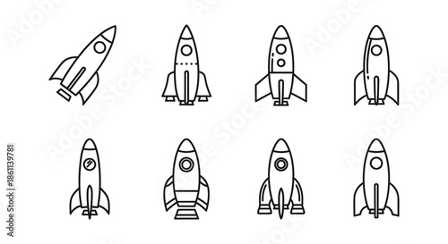 A collection of minimalist rocket ship designs outlined in black and white silhouette