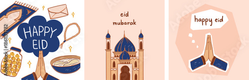 Islamic eid vector design. Eid mubarak and happy eid greetings. Illustration of mosque, prayer beads, prayer mat, envelope, apologetic hand gesture, and eid dishes, for card, poster, or banner.