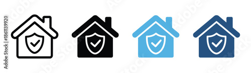 House Icons with Shield and Checkmark, four variations representing secure home protection, safety, verified property, and high-quality vector illustration