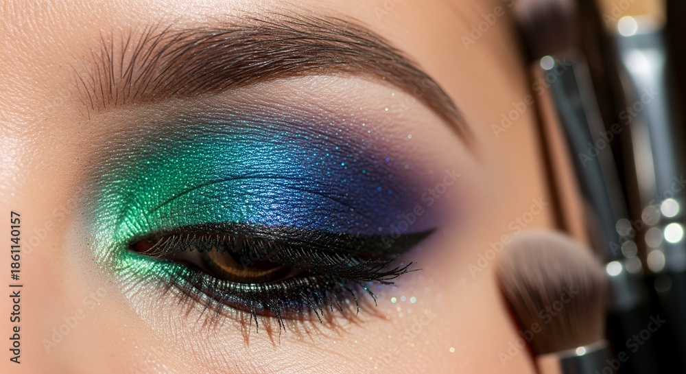 Naklejka premium Vibrant green and blue glitter eyeshadow with winged eyeliner, macro beauty makeup closeup