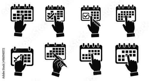 Hands interacting with calendar icons showing checkmarks and selections a distinct black silhouette