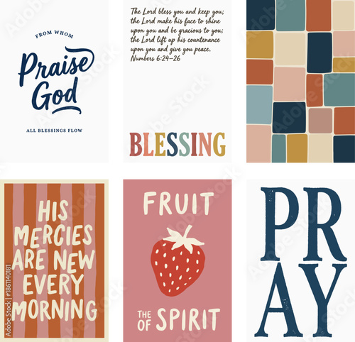 Christian inspirational typography poster set, hand lettered Bible verses and faith quotes. Modern devotional wall art with colorful abstract backgrounds, minimalist design