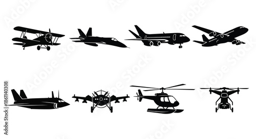 A collection of various aircraft designs presented in striking black silhouette high quality