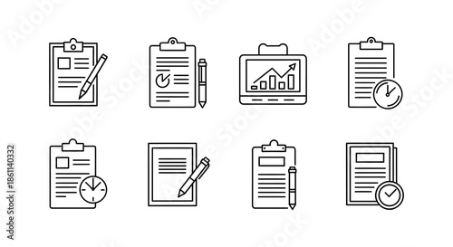 Collection of business icons depicting documents checklists and time management a clean silhouette