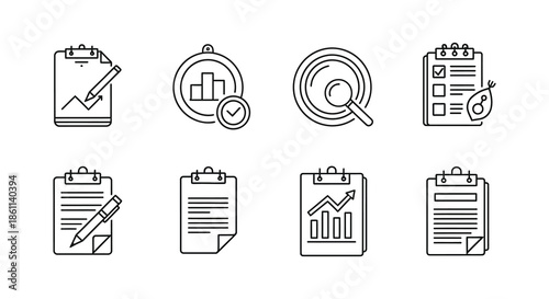 Collection of linear office icons depicting documents checklists and data analysis as a silhouette