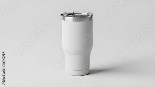 White minimalist reusable travel mug or tumbler mockup on white background