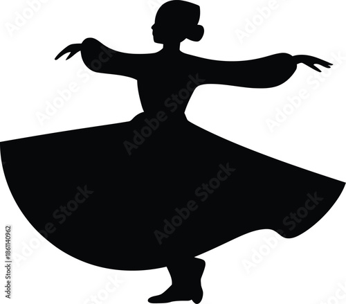 Silhouette of a whirling dervish dancer in a long skirt on white background vector illustration