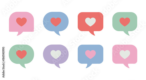 Colorful Speech Bubbles with Heart Icons, vibrant vector illustrations for messaging apps, social media conversations, love reactions, chat communication, and transparent background