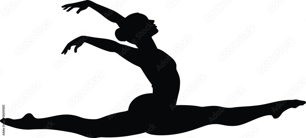 Fototapeta premium Silhouette of a ballet dancer performing a split leap on white background vector illustration