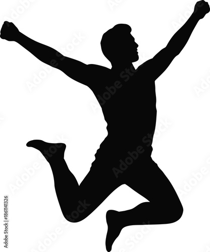 Silhouette of a man jumping with arms raised in celebration black white