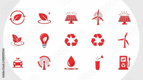 Set of icons representing renewable energy and environmental protection concepts.