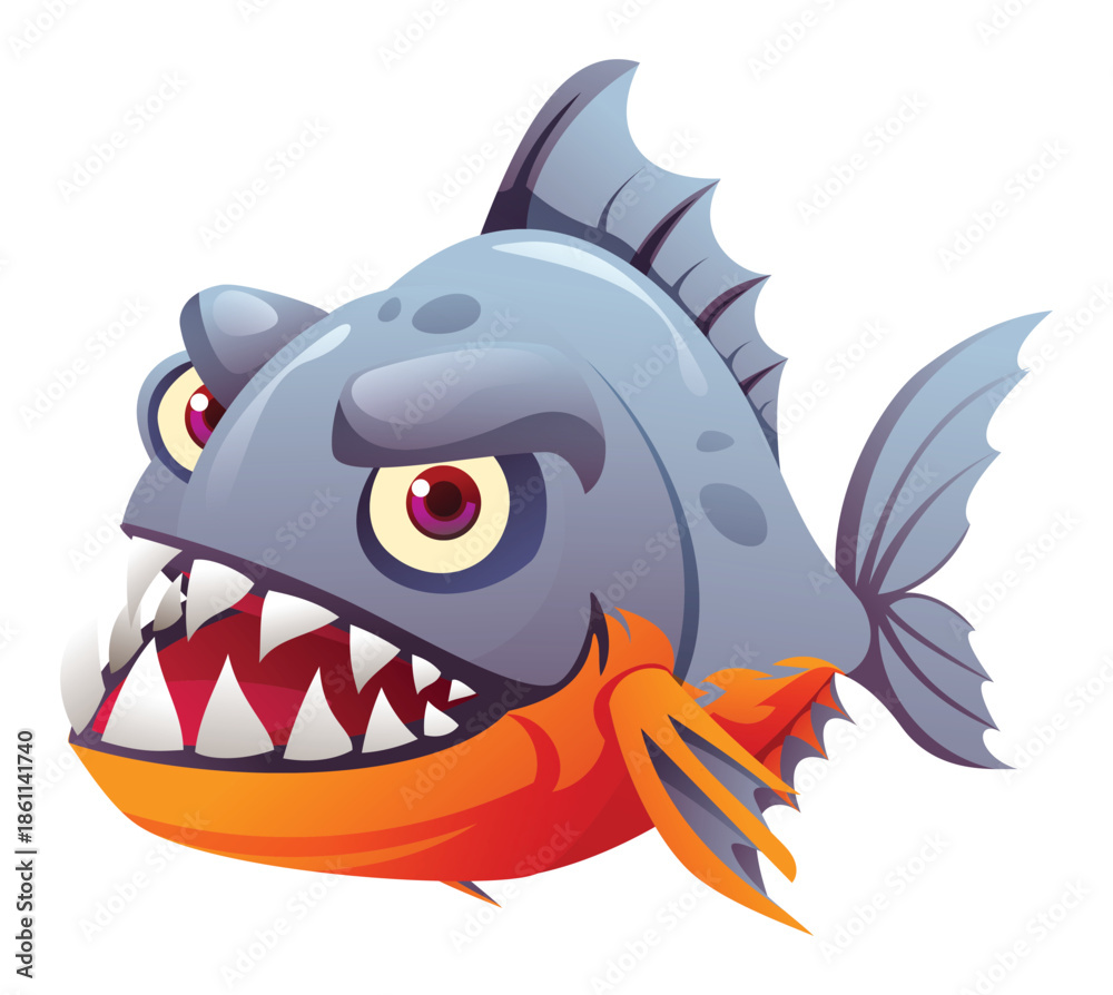 Naklejka premium Angry piranha fish mascot with sharp teeth and aggressive expression. Vector cartoon illustration