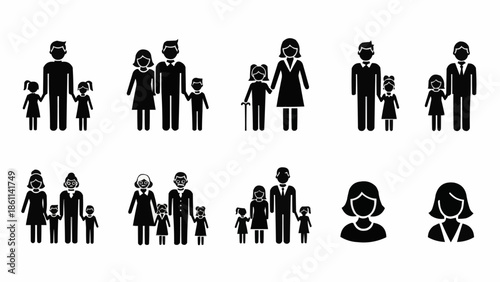 Set of diverse family icons in silhouette style.