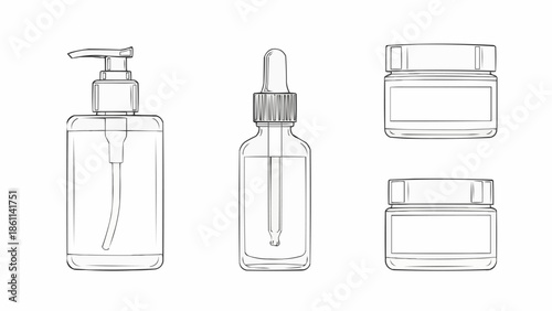 Set of cosmetic bottles and jars line art illustration.