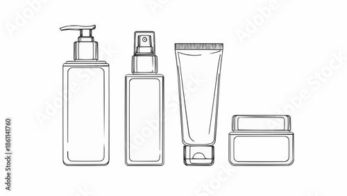 Set of cosmetic bottles and jars for skincare products.