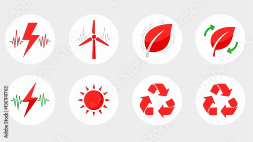 Set of eight red renewable energy and sustainability icons.