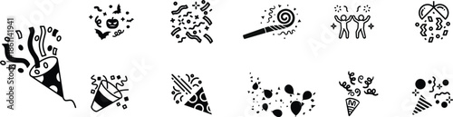 Confetti Party Popper Celebration Icons with Balloons Vector Set