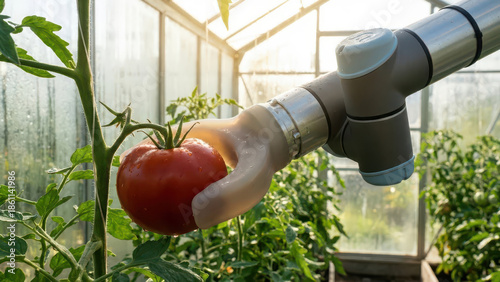 Smart technology in sustainable agriculture shows robotic arm gently harvesting ripe tomato in modern farming greenhouse