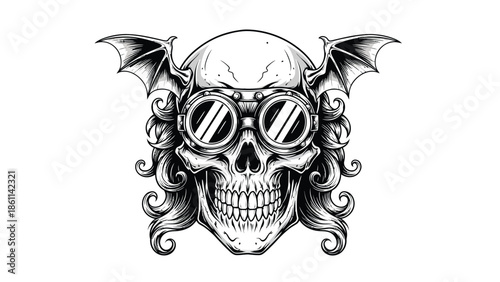 Skull with goggles and decorative wings illustration.