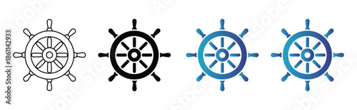 Ship Steering Wheel Icons, vector illustrations of nautical helm symbols in outline, solid, and blue variations, isolated on white background for marine navigation, boating, and maritime design.