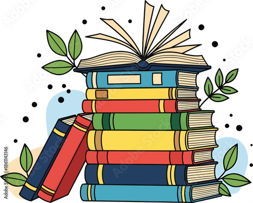 Vibrant stack of books with lush green leaves and open textbook on top for learning